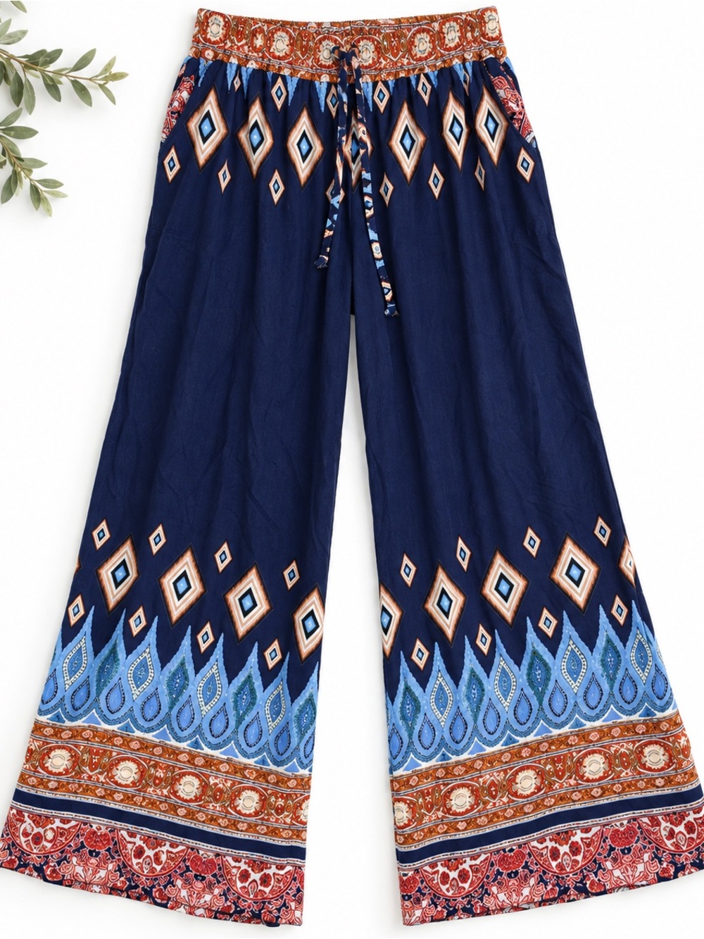 We Love Fashion Boho Palazzo Pants Navy Blue Wide Leg Rayon Large Culottes